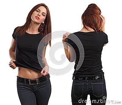 female wearing blank black shirt Stock Photo