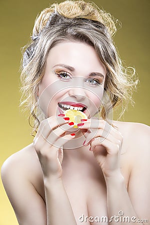 Fruit Series. Portrait of Cute Funny Naked Caucasian Girl Stock Photo