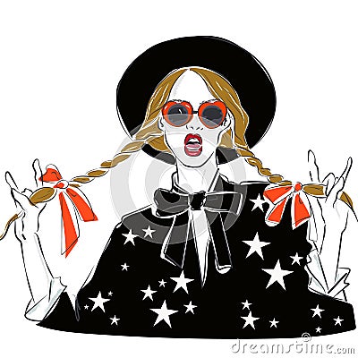 and funny fashion girl dressed in black blouse with star print, drawing in sketch style. Vector illustration Vector Illustration