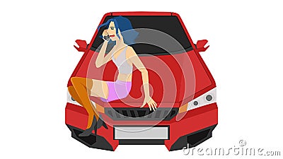 Sexy girl calling mobile phone on the front of red car. Vector Illustration
