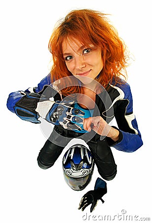 girl with motorcycle equipment Stock Photo