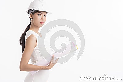 girl structural engineer holding drafting paper Stock Photo