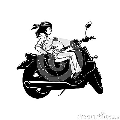 Sexy Girl and Vintage Motorcycle - Chopper, Classic Bike, Clipart, Vector Silhouette Vector Illustration