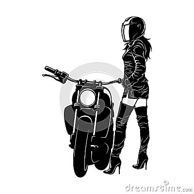 Sexy Girl and Vintage Motorcycle - Chopper, Classic Bike, Clipart, Vector Silhouette Vector Illustration