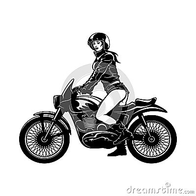 Sexy Girl and Vintage Motorcycle - Chopper, Classic Bike, Clipart, Vector Silhouette Vector Illustration