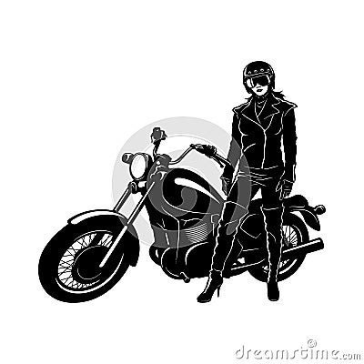 Sexy Girl and Vintage Motorcycle - Chopper, Classic Bike, Clipart, Vector Silhouette Vector Illustration