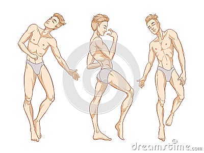 Sexy handsome men dancing in underwear, stripper, go-go boy, gay club disco, vector illustration Vector Illustration