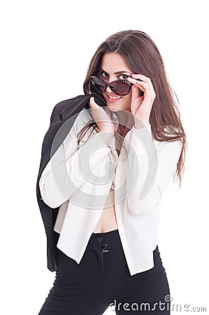 and kinky young business woman posing on white studio Stock Photo