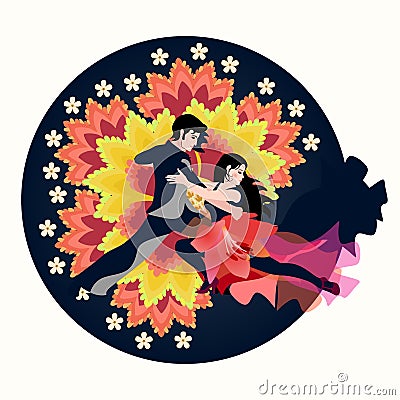 Sexy Latino couple dancing tango, salsa or samba against huge fantasy flowers jn dark blue round. Beautiful emblem. Vector Illustration