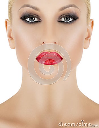 Lips. Beauty Red Lip Makeup Detail. Stock Photo