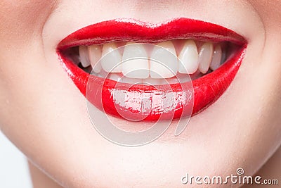 Lips. Beauty Red Lip Makeup Detail. Stock Photo