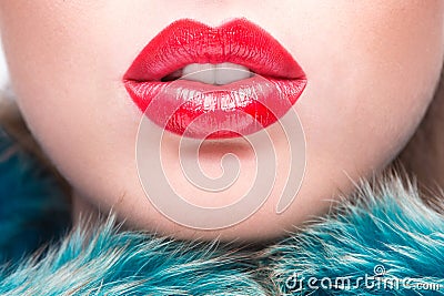 Lips. Beauty Red Lip Makeup Detail. Stock Photo