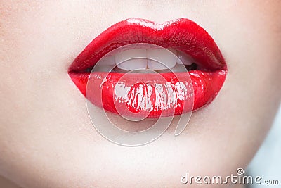 Lips. Beauty Red Lip Makeup Detail. Stock Photo