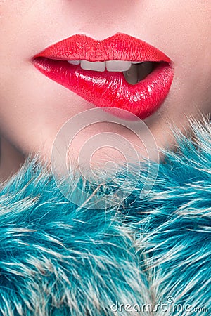 Lips. Beauty Red Lip Makeup Detail. Stock Photo