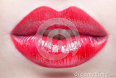 Lips. Beauty Red Lip Makeup Detail. Stock Photo