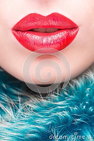 Lips. Beauty Red Lip Makeup Detail. Stock Photo