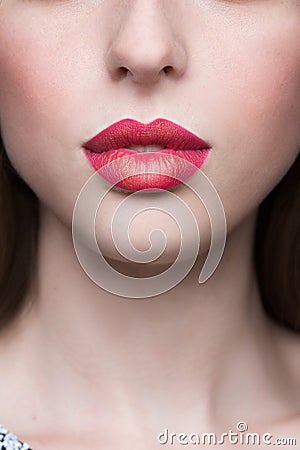 Lips. Beauty Red Lip Makeup Detail Stock Photo