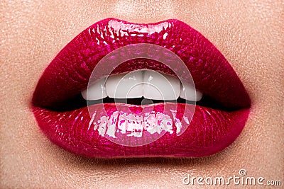 Lips. Beauty Red Lips Makeup Detail. Stock Photo