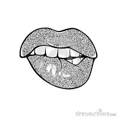 Sexy lips, bite one's lip. Lips Biting. Female lips with silver glitter lipstick. Vector Illustration