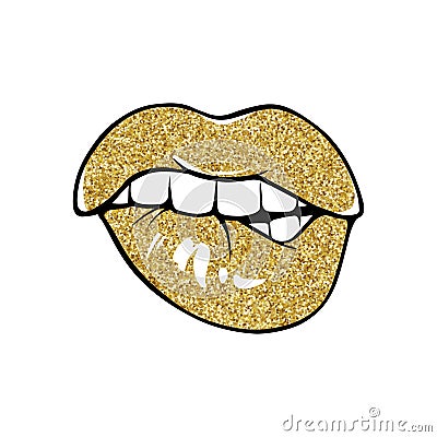 Sexy lips, bite one's lip. Lips Biting. Female lips with golden glitter lipstick. Vector Illustration