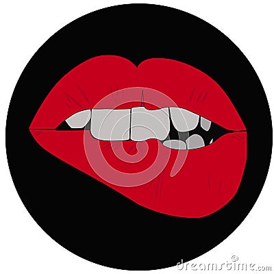 Sexy lips, bite ones lip. Lips Biting. Female lips with red lipstick. Sketch style Cartoon Illustration