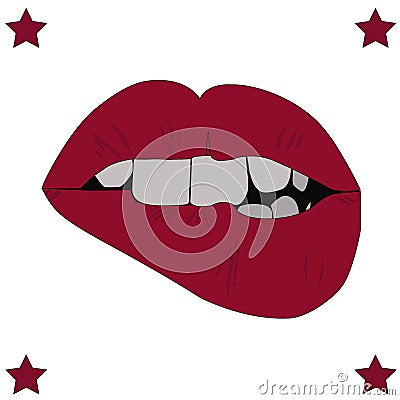 Sexy lips, bite ones lip, female lips with red lipstick Vector Illustration