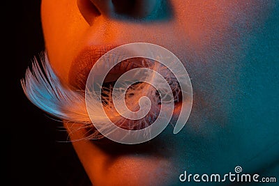 Sexy lips. Close up of sexy plump lips with Angel Feather. Lip care and beauty. Stock Photo