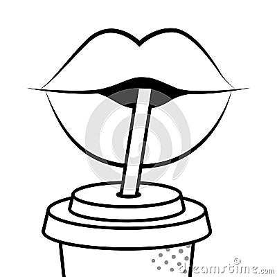 Sexy lips drinking soda black and white Vector Illustration