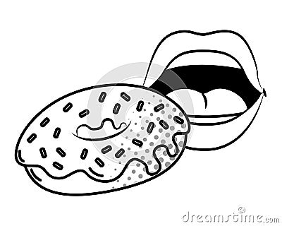 Sexy lips eating donuts black and white Vector Illustration