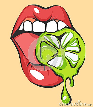 lips with juicy lime. Pop art mouth biting citrus. Close up view of cartoon girl eating fruit. Vector illustration Vector Illustration