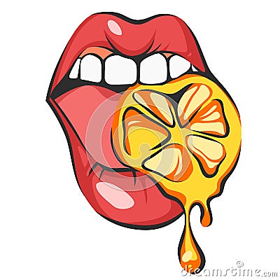 lips with juicy orange. Pop art mouth biting citrus. Close up view of cartoon girl eating fruit. Isolated vector illustration Vector Illustration