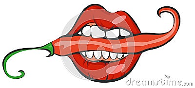 lips with red hot chili pepper. Pop art mouth biting spice. Close up view of cartoon girl eating flavoring. Vector illustrati Vector Illustration