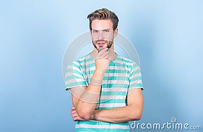 Sexy macho in casual style. thinking man in trendy shirt. Guy fashion model. male fashion and beauty. perfect look of Stock Photo