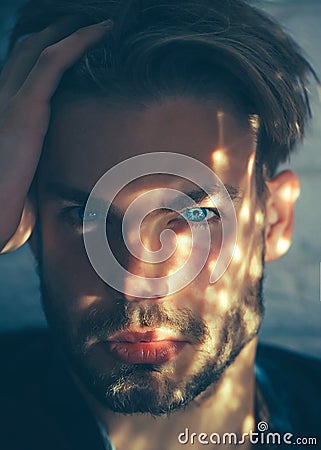 Sexy man face. Male beauty, skincare. Portrait guy in shadow. Stock Photo