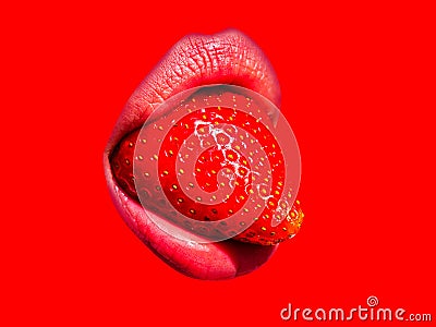 Sexy mouth lips with red strawberry tongue. Stock Photo