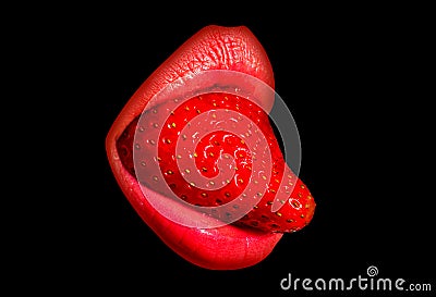 Sexy mouth lips with strawberry tongue, isolated on black. Stock Photo