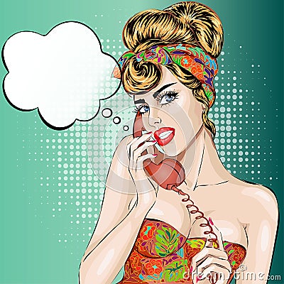 Pin-up woman answers a phone call. Vector pop art comic retro style illustration Cartoon Illustration