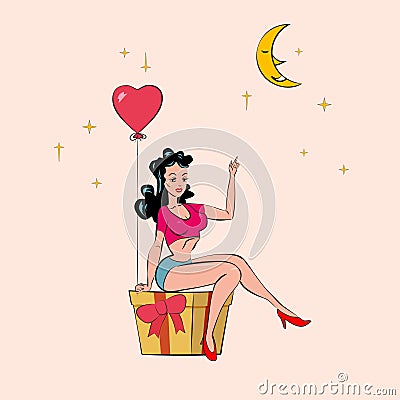 Sexy Pin-up woman sits on a gift box with holds an inflatable heart and points a finger to the moon. Vector in retro Vector Illustration