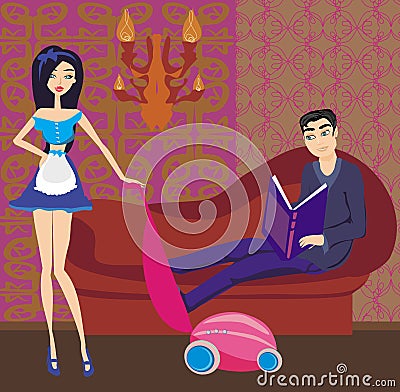 pinup style french maid cleans the room Vector Illustration