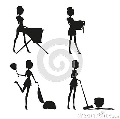 Sexy pinup style french maid at work - Set silhouette Vector Illustration