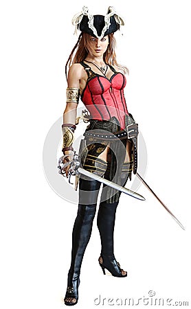 Pirate female posing with dual cutlass swords Stock Photo