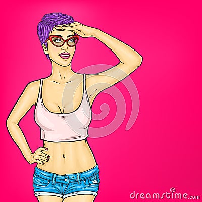 pop art woman looks out of her palm Cartoon Illustration