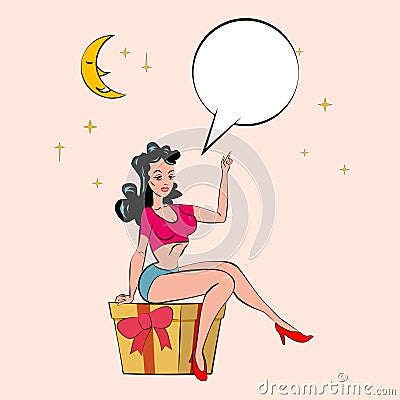 Sexy Pop art woman sits on a gift box with holds an inflatable heart and points a finger to the moon. Vector in retro Vector Illustration