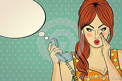 pop art woman talking on a retro phone Vector Illustration