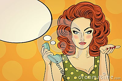 pop art woman talking on a retro phone Vector Illustration