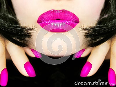 pretty woman with black hair, pink lips sending kiss smooch Stock Photo