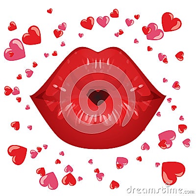 red lips in a kiss of love. And red heart, isolated on white. Vector Illustration