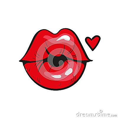 red lips in a kiss of love. And red heart, isolated on white. Vector illustration. Vector Illustration