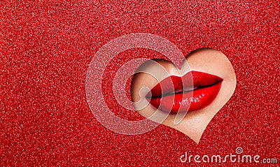 Sexy Red Lips Makeup Close up. Beauty Red Lipstick Make up look out Heart Hole Glitter Red Color Paper Background Copy Space. Stock Photo