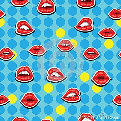 red lips with smile on blue background. Sensual female mouth with white toothed smile seamless pattern. Attractive Vector Illustration